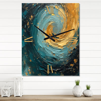 Golden Ocean Spiral Waves Painting II - Abstract Spirals Wall Clocks