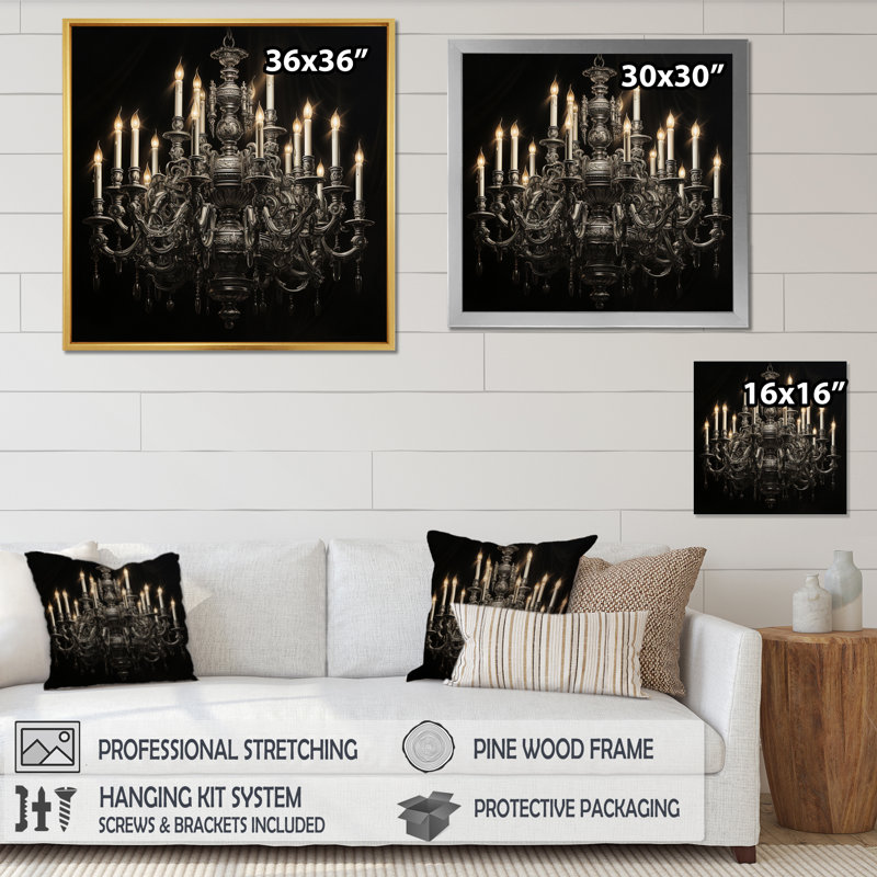 Chandelier Elegant Monochrome Pointillism II - Chandelier Wall Art Living Room, H 16 po x l 16 po x P 1 po