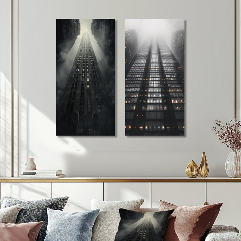 Ensemble de 2 pièces grises à structure colossale grise I - Skyscrapers, Toile tendue, H 28 po x l 24 po