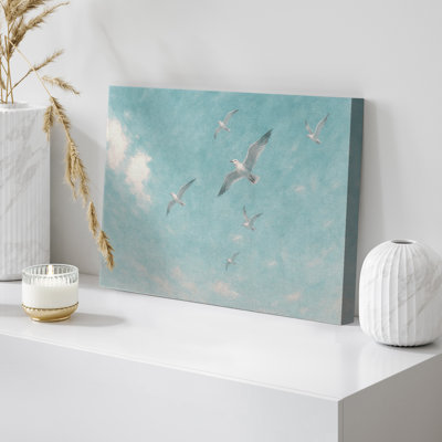 Impression d'art sur toile, "Mouettes dans le ciel" - Décoration d'oiseau côtier serein pour salle de bain ou maison de plage