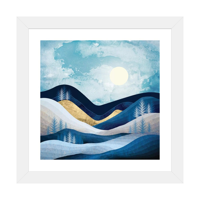 Moonlit Hills - impression d'art graphique, H 16 po x l 16 po x P 1 po, Papier encadré blanc, Blanc