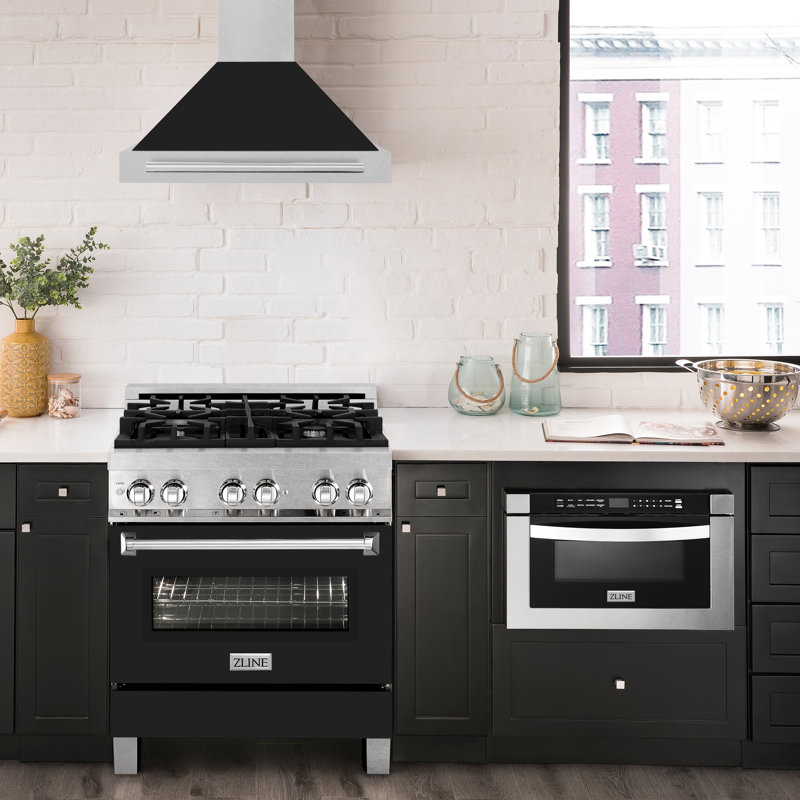 Hotte murale en acier inoxydable satiné convertible ZLINE avec coquille colorée et poignée en acier inoxydable ZLINE