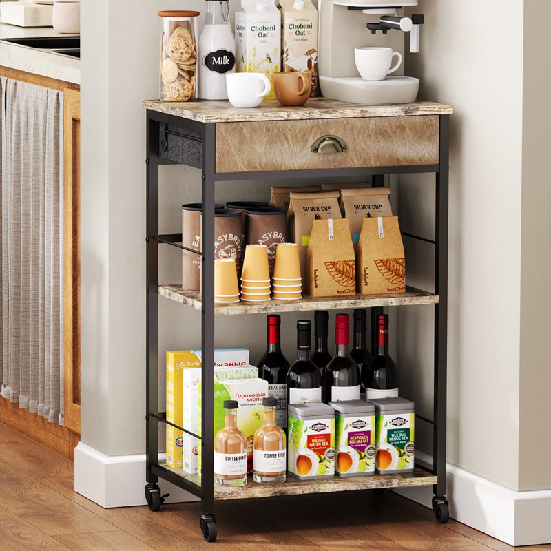 Coffee Bar Cart With Storage, 3-Tier Coffee Table With Drawer For Home Buffets & Sideboards,Coffee Station Corner Table With Rolling Wheels For Kichen, Entryway,(Brown And Black)