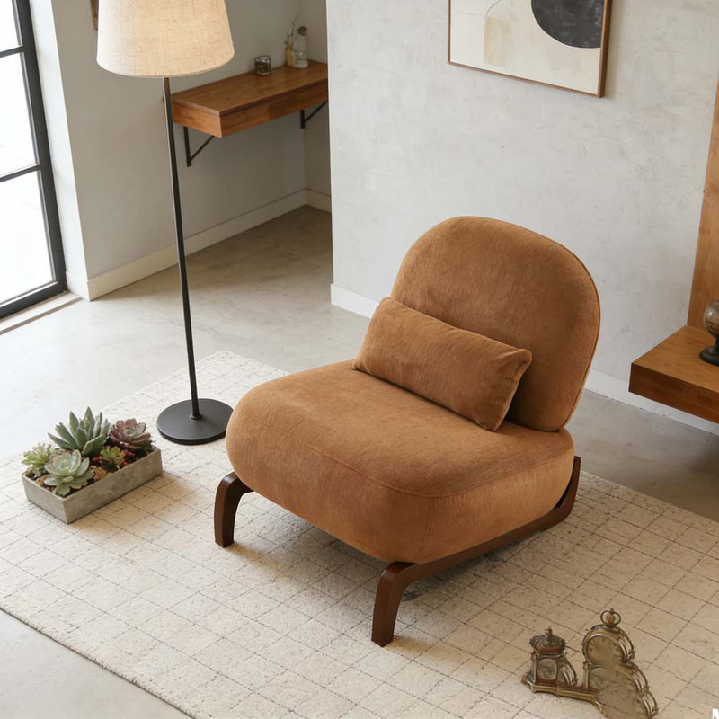 Cute Accent Chair with Solid Wood Legs, Fabric, Caramel
