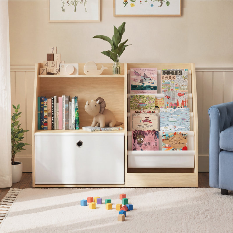 Bibliothèque pour enfants en bois naturel à 2 niveaux avec élingues en tissu pour chambre ou salle de jeux, Beige