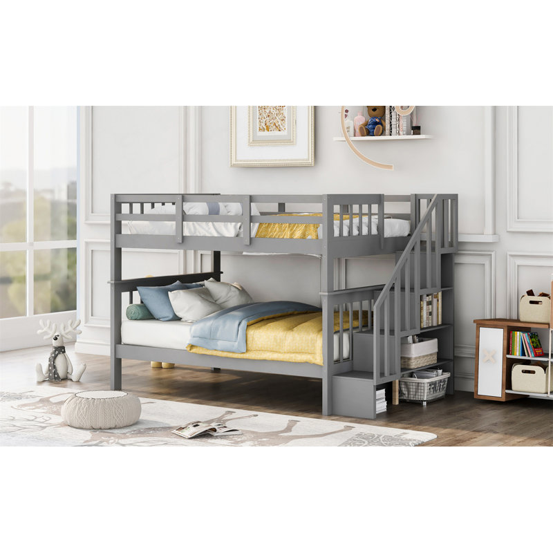 Lit superposé double avec escalier avec rangement spacieux et garde-corps, parfait pour les chambres à coucher et les dortoirs afin de maximiser l'espace et le confort