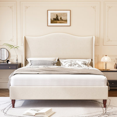 Queen Size Upholstered Wingback Platform Bed with Tall Headboard-Beige