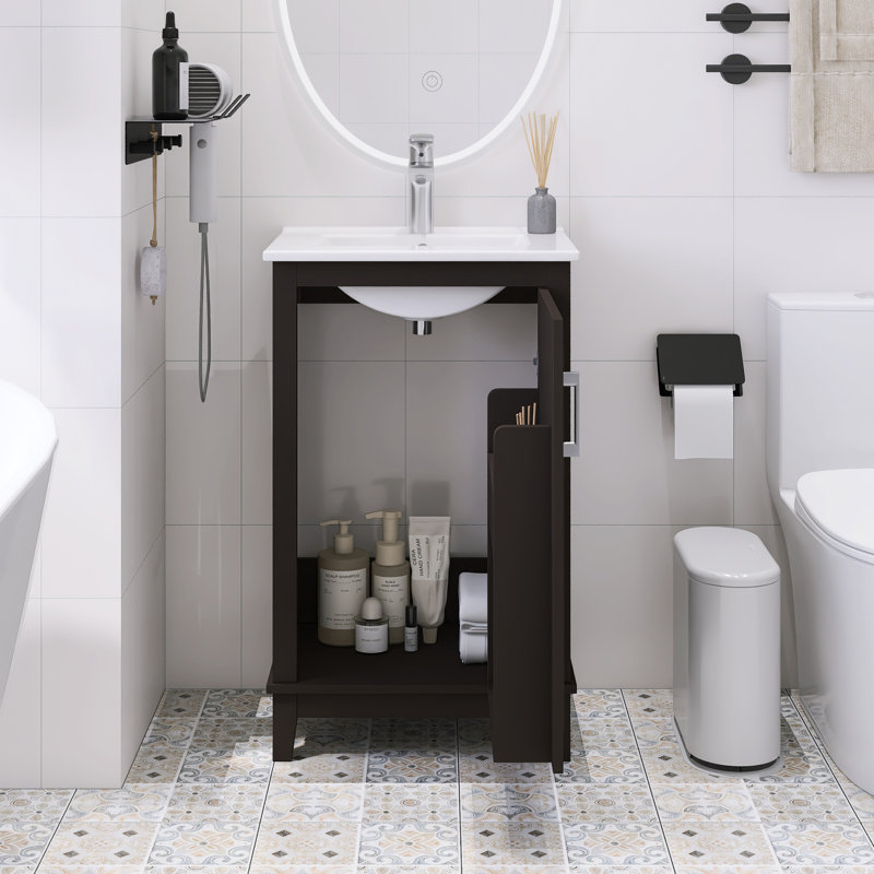 Petit meuble-lavabo sur pied 20 po avec lavabo en céramique blanc, Noir / argenté