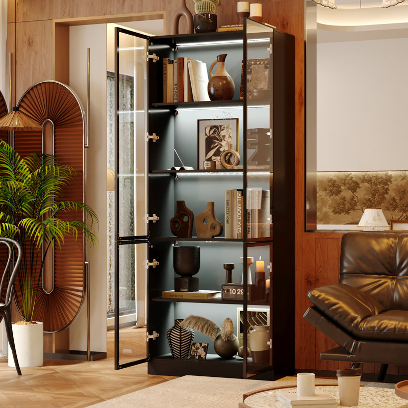 5-Shelf Display Cabinet with 3-Color LED Lights, Tempered Glass Door & Push-to-Open Design, Black