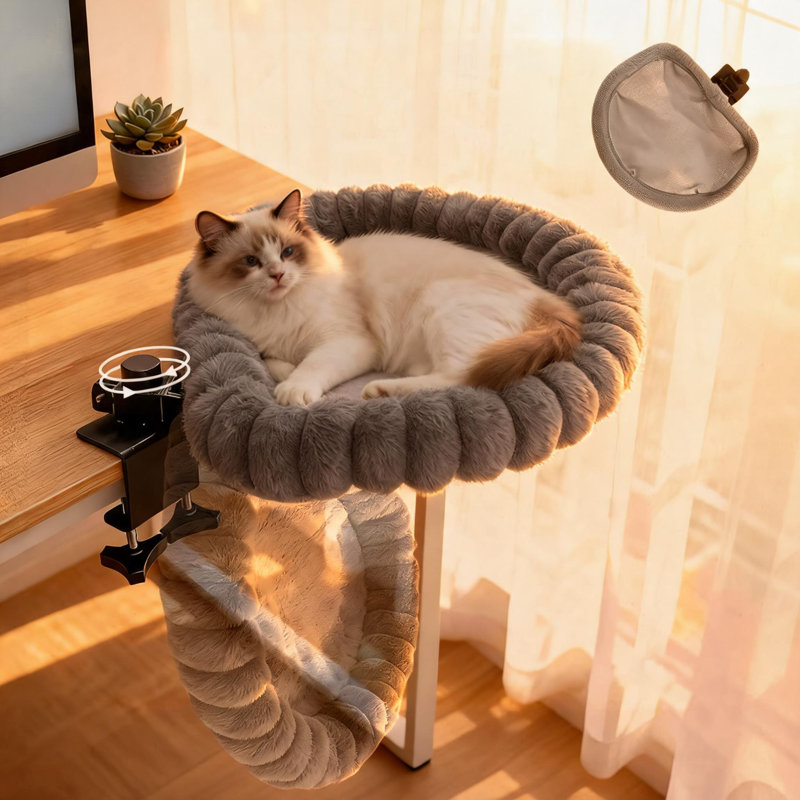 Plush Rotatable Cat Desk Bed, Sturdy Double-Screw Fixed Cat Hammock, Space Saving Warm Cat Sleeping Perch