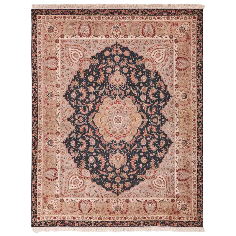Hand-Knotted Black and Beige Wool Silk Medallion Rug 8' x 10'