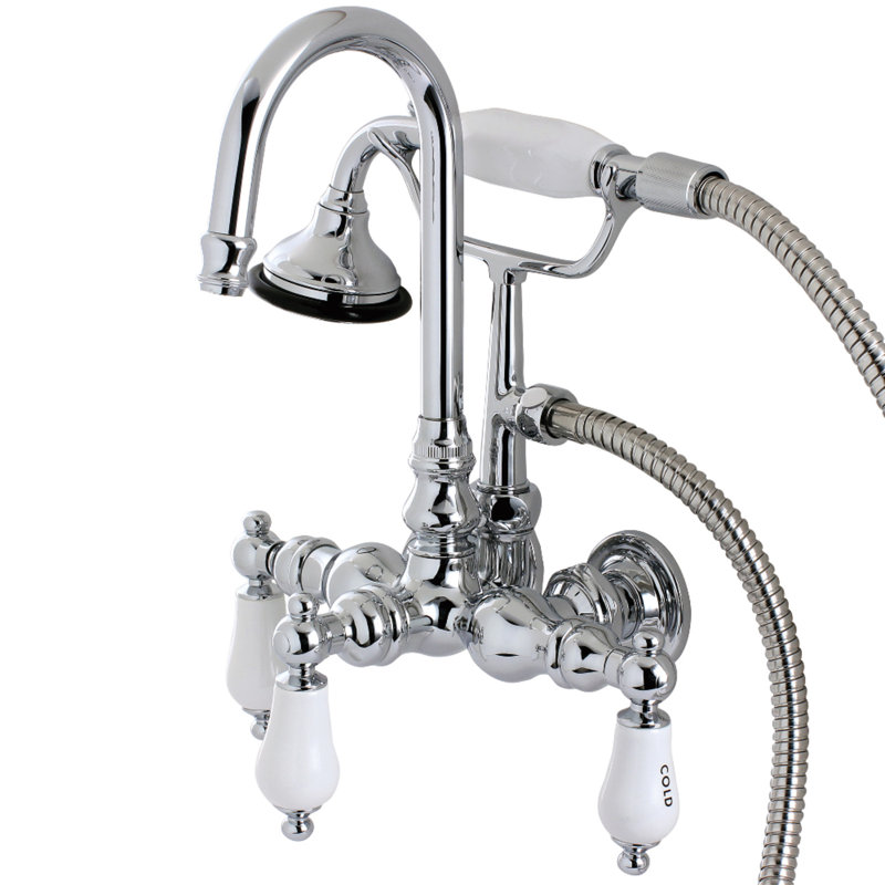 Kingston Brass Aqua Vintage Three-Handle 2-Hole Tub Wall Mount Clawfoot Tub Faucet with Hand Shower, Polished Chrome