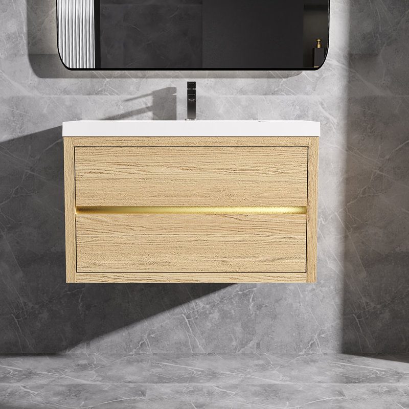 Meuble-lavabo mural flottant en chêne naturel avec surface de lavabo simple en blanc, 36", Brun