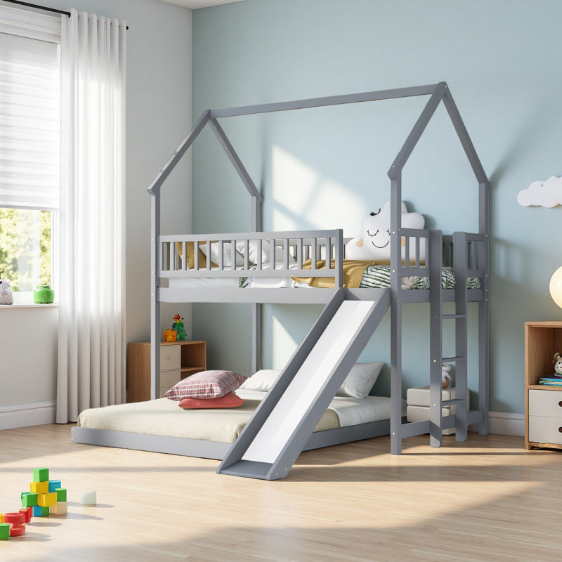 Lit superposé simple au-dessus d'une chambre double avec glissade et échelle intégrée, garde-corps pleine longueur, Gris
