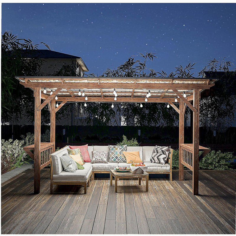 Pavillon de jardin pergola en bois 13 'x 6,5' avec toit en métal et ampoules et comptoirs de bar