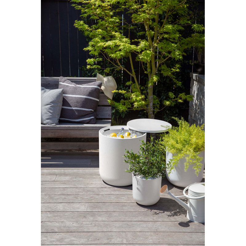 White Round Concrete-Plastic Outdoor Side Table with Cooler Function