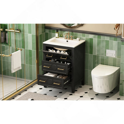 24'' Bathroom Vanity with Ceramic Sink Combo, Free Standing Single Vanity Set with 3 Drawers, Solid Wood Frame Bathroom Storage Cabinet
