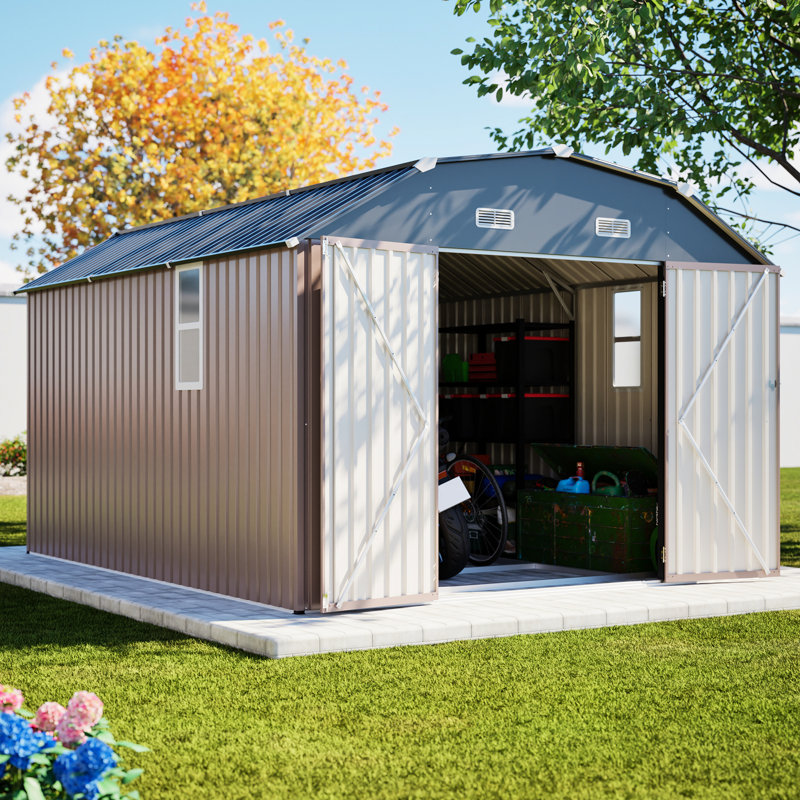 Remise de rangement extérieure en acier galvanisé brun de 1012 pi avec cadre de plancher pour une utilisation intensive, avec construction résistante aux intempéries, grande ouverture de porte, fenêtres transparentes, loquet et évents pour une chaleur efficace