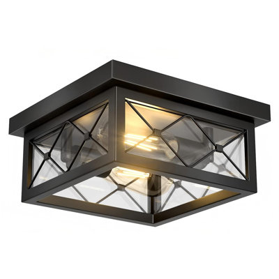 2-Light Black Flush Mount Ceiling Light with Clear Glass Shade, Metal Cage Square Close to Ceiling Lamp (Bulbs Not Included)