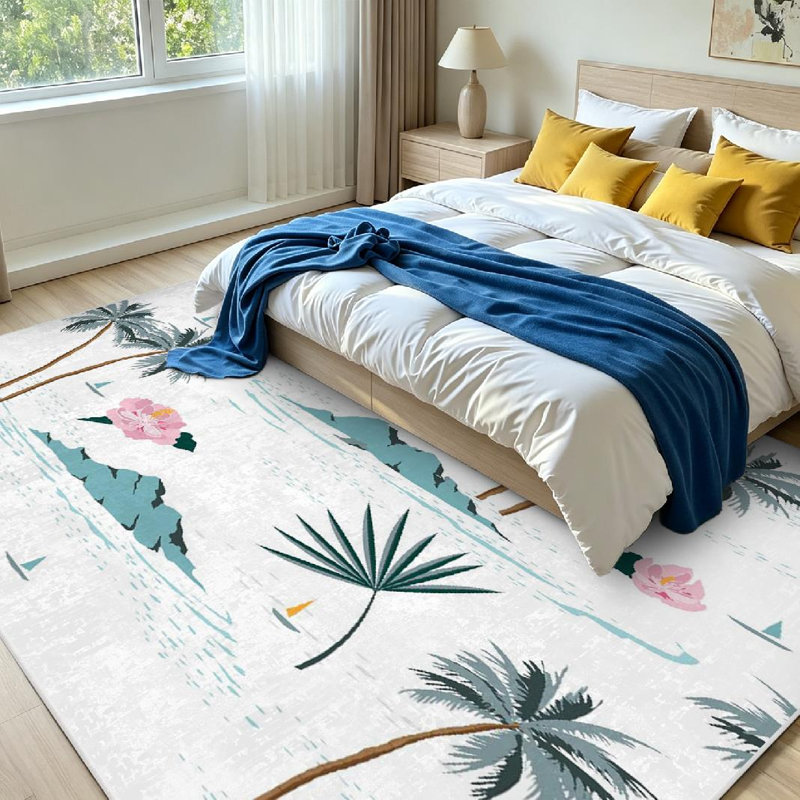 Magnifique tapis d'intérieur botanique blanc sans couture Island, Rectangle 79" x 118"