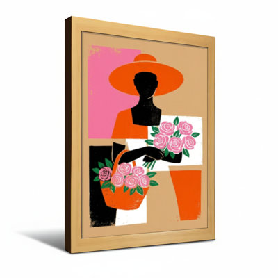 Femme abstraite avec chapeau et fleurs dans un panier