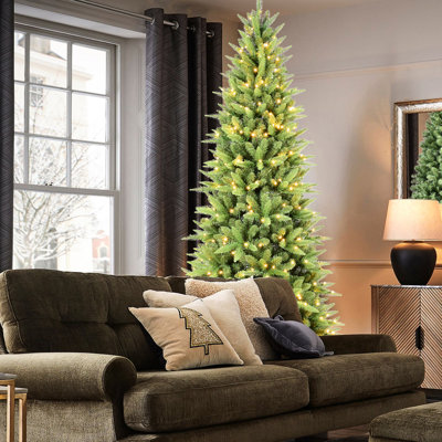 300 Warm White Led Lights Pre - Installed Slim Christmas Tree With 850 Realistic Pe+ Tips, Hinged Design For Easy Setup, Metal Stand Small Areas Adorned Quick Setup Design, Limited Spaces