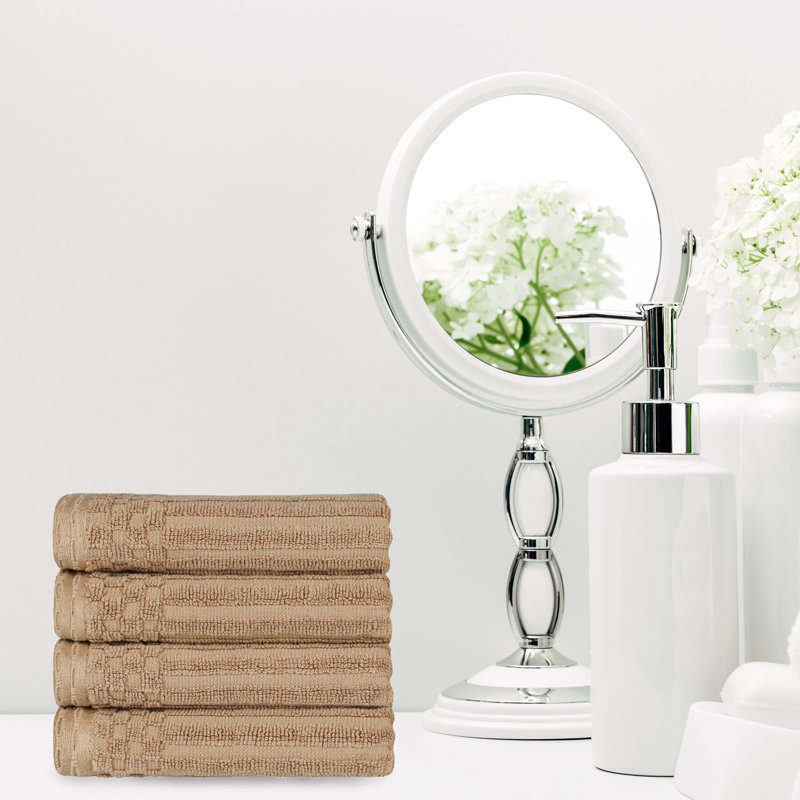 Kleiman Cotton Highly Absorbent Solid and Checkered Border Hand Towel Set, Light Brown