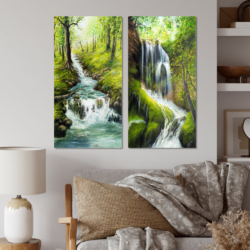 «Spring River Fall in Green Forest», ensemble de 2 peintures sur toiles, Toile tendue, H 20 po x l 24 po x P 1 po