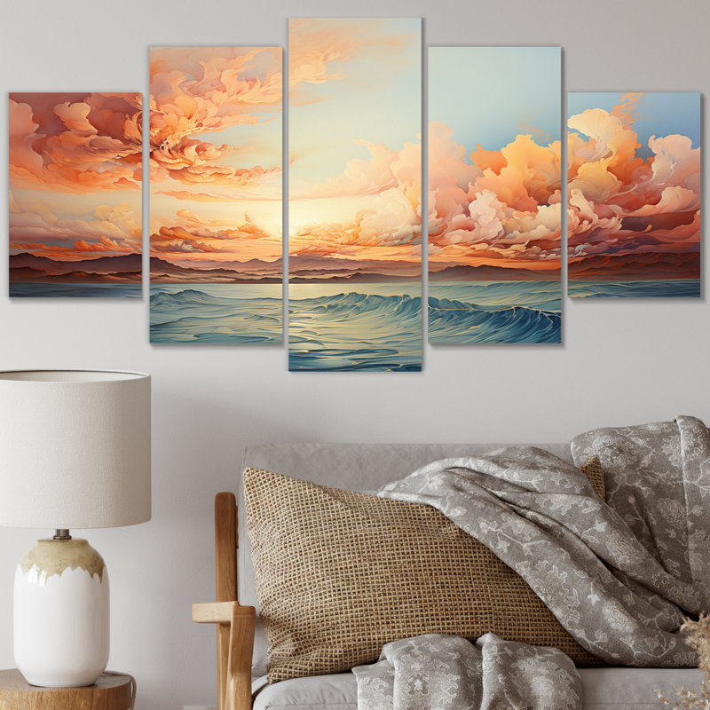 «Peach Ocean Sunrise I», art mural sur toile, 5 panneaux