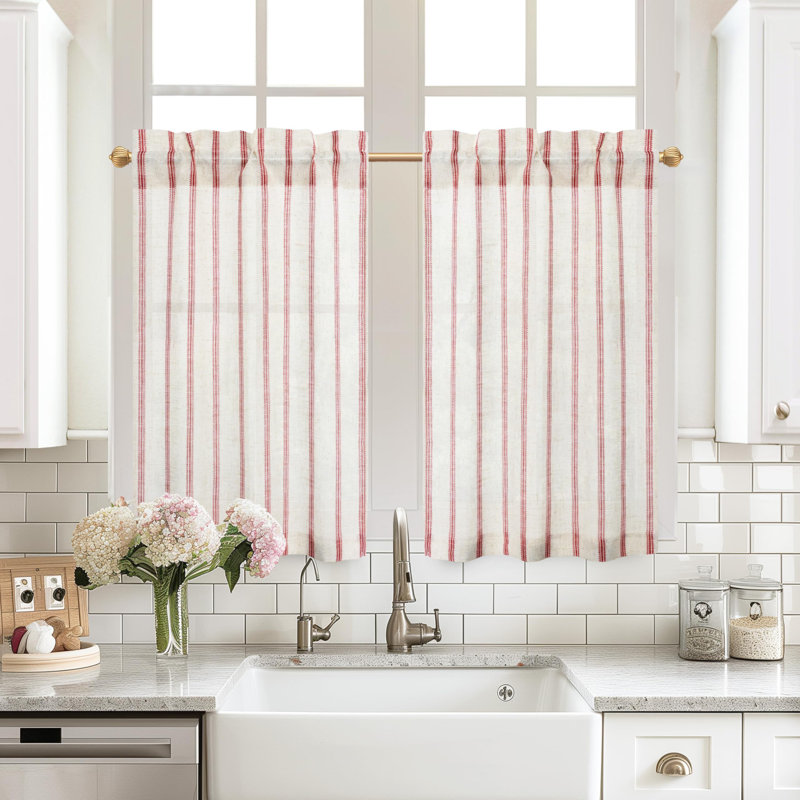 Farmhouse Kitchen Curtains Striped Tier Linen Short Curtains Pinstripe Cafe Curtains, 26" W x 36" L, Red Stripe/Light Linen