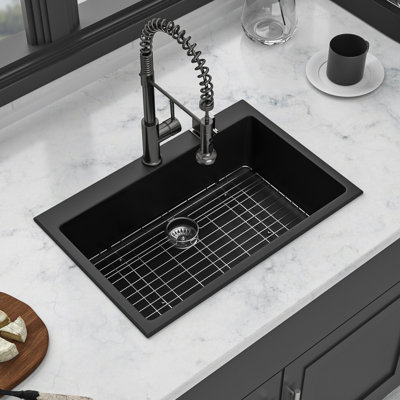 Black Granite-Like Quartz Kitchen Sink 33X22", Hygienic And Long-Lasting 33X22" - Granite Style, Strong