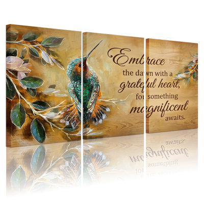 Ensemble de 3 tableaux sur toile tendue représentant un colibri et des fleurs, pour la décoration du salon et de la chambre à coucher.