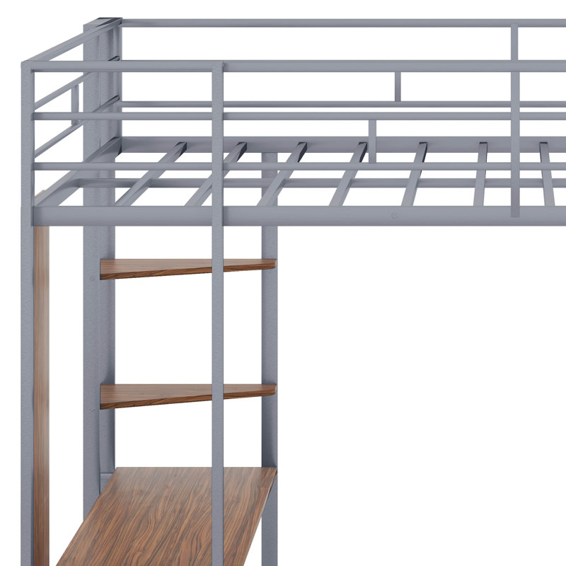 Lit mezzanine en métal avec 2 tablettes et un bureau, Complète, Argent