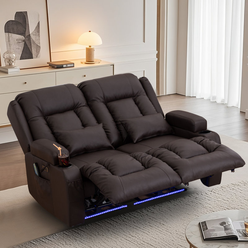 Power Reclining Sofa With Heat And Massage, Dual Recliner Loveseat With Cup Holders And And Led Lights, Brown