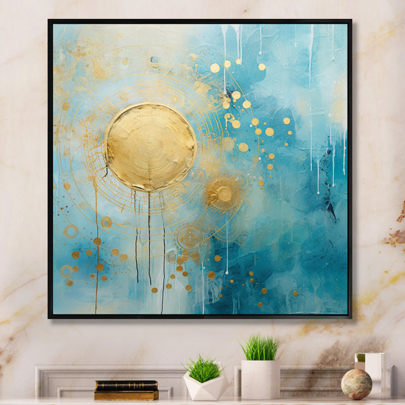 Bleu sarcelle circulaire sensibilité rétro aquarelle - peinture abstraite, impressions d'art mural, Cadre flottant noir