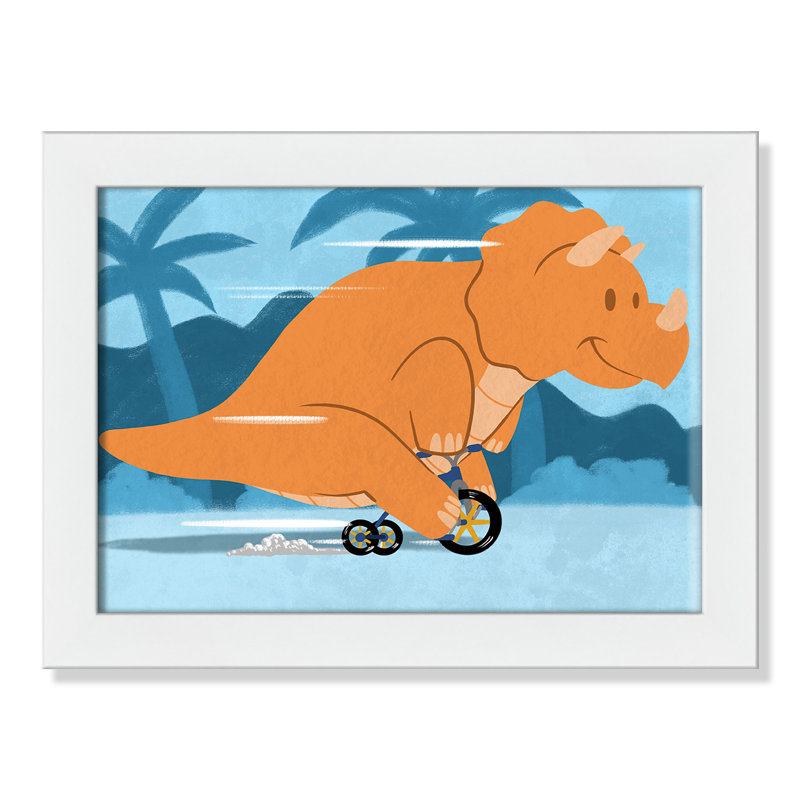 Riding Dino 2 Paper Print, 10" H x 14" W x 0.6" D, White Flat Framed