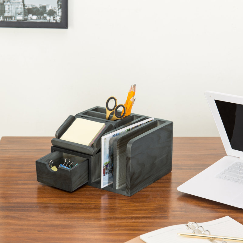 Isocrates Solid Wood Desk Organiser, Dark Grey
