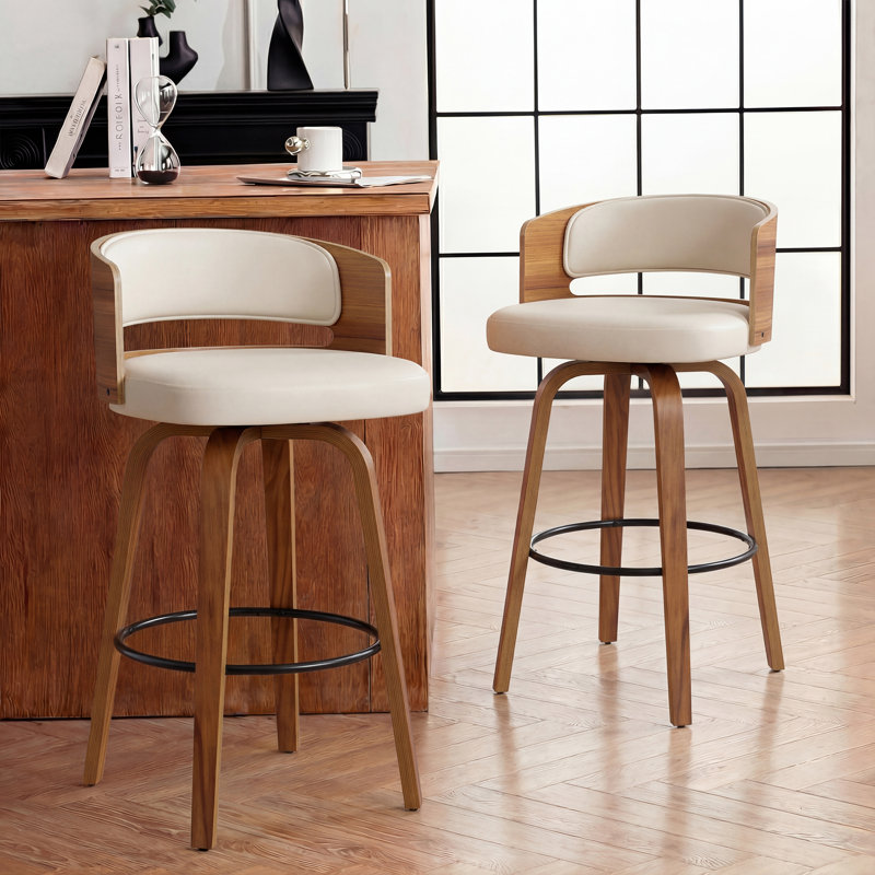 Mid-Century 28.3" Upholstered Bar Stools With Curved Wood Back Backrest, Beige