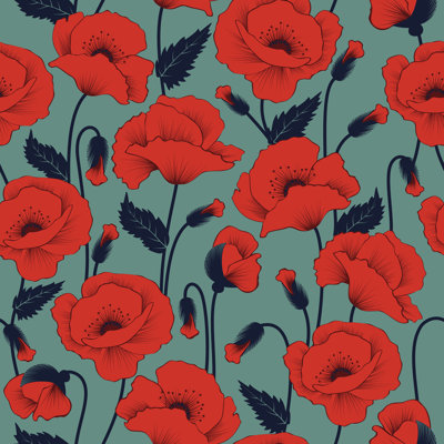 Birrell Poppy Seamless Pattern by BellonaAhillia - Wrapped Canvas Print