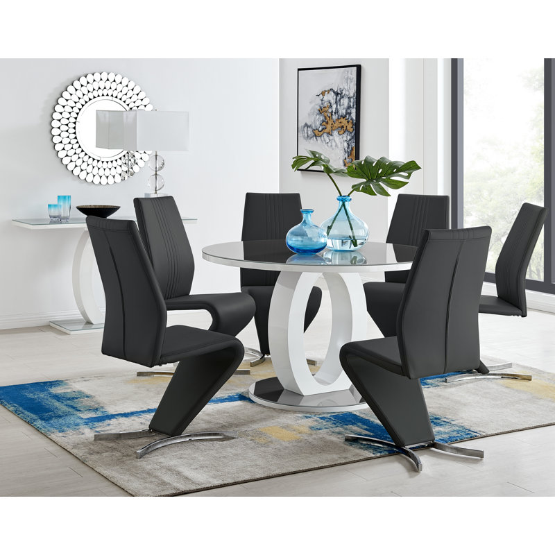 Scottsmoor 6 Seater High Gloss Round Dining Table Set with 6 Luxury Faux Leather Dining Chairs, Black, Gray