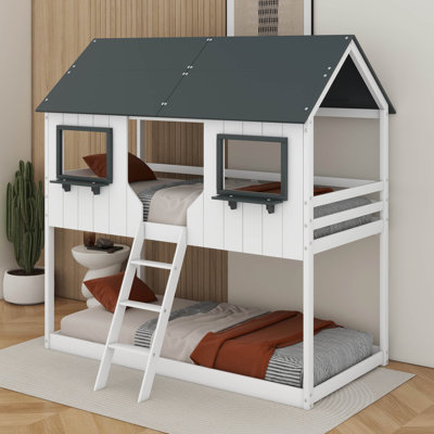 Twin Over Twin Bunk Bed Wood Bed With Roof, Window, Guardrail And Ladder