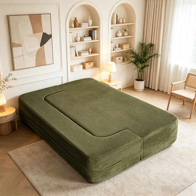 Canapé-lit futon convertible en velours côtelé de 200 cm avec coussins de dossier, canapé-lit deux places au sol, vert