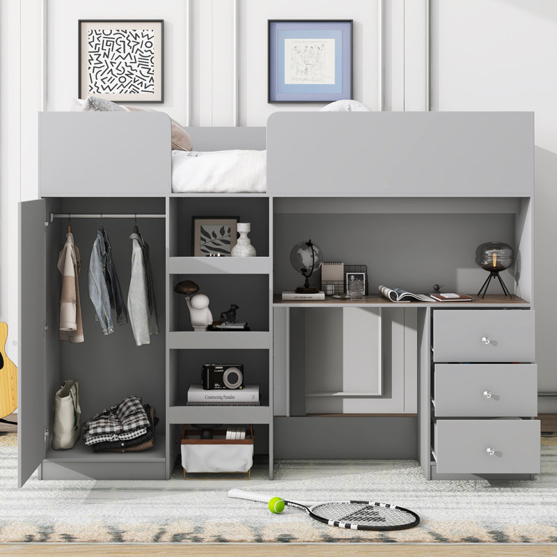 Wood Full Size Loft Bed with Wardrobe, Desk, Storage Shelves and Drawers for Kids, Teens, or Adults, Gray