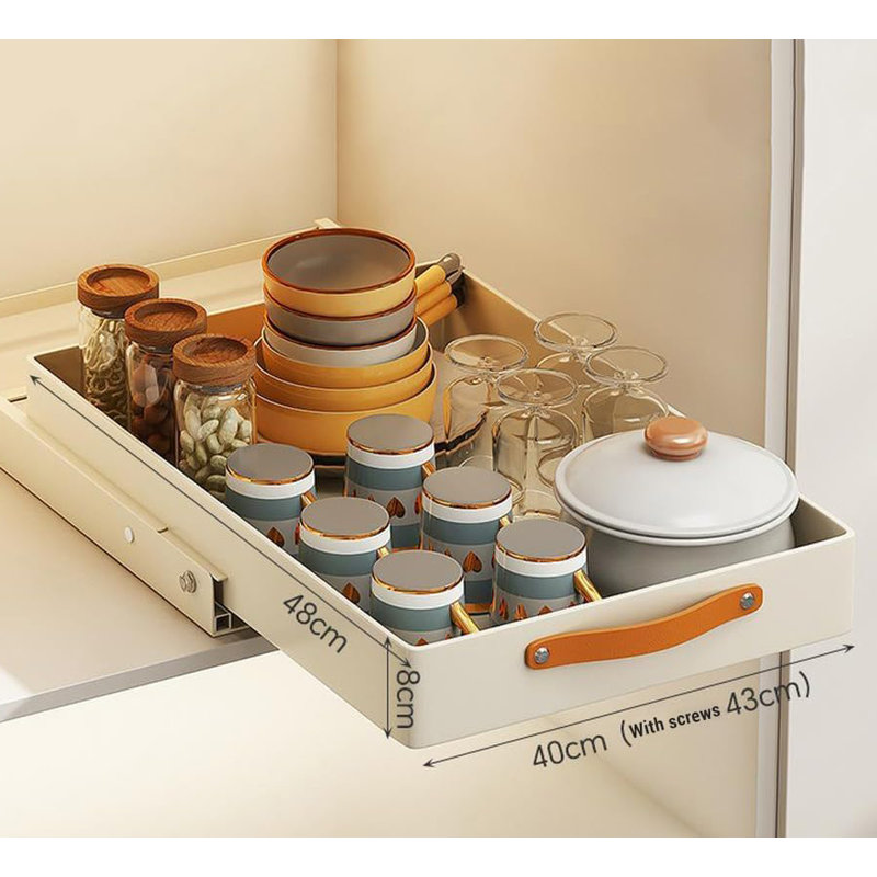 Rangement pour armoire robuste 25 x 48 cm pour la cuisine et la salle de bain - Plateau de drainage amovible - Panier de rangement coulissant réglable avec poignée - Installation auto-adhésive