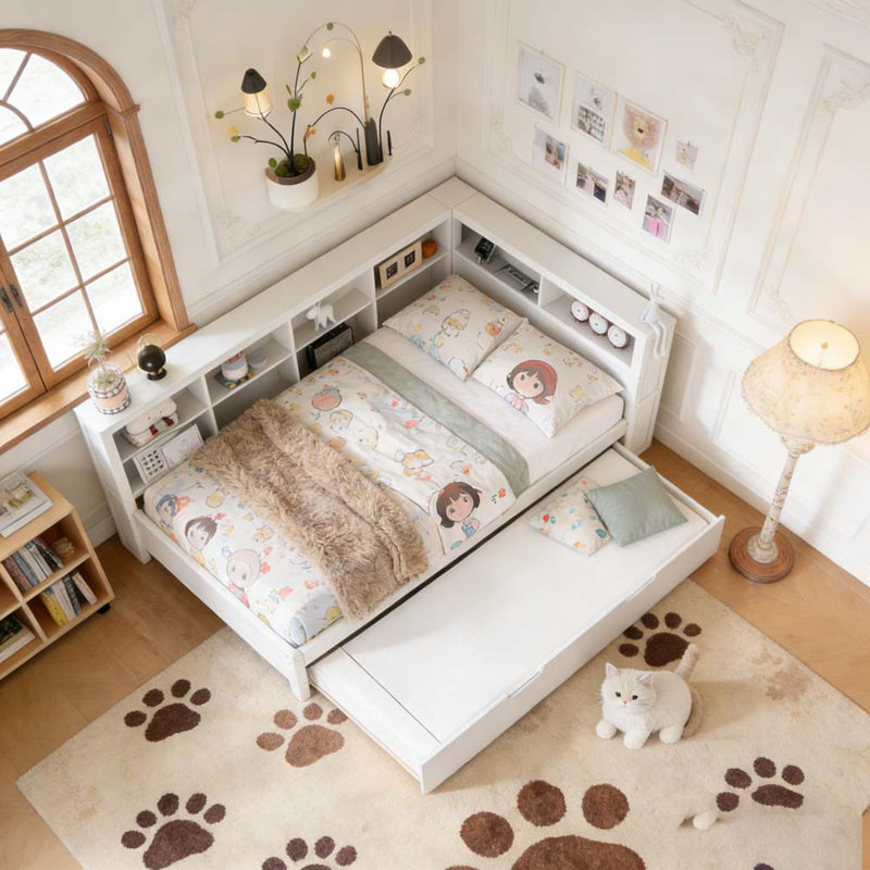 Lit de jour en bois avec couchette, Lit double, Blanc