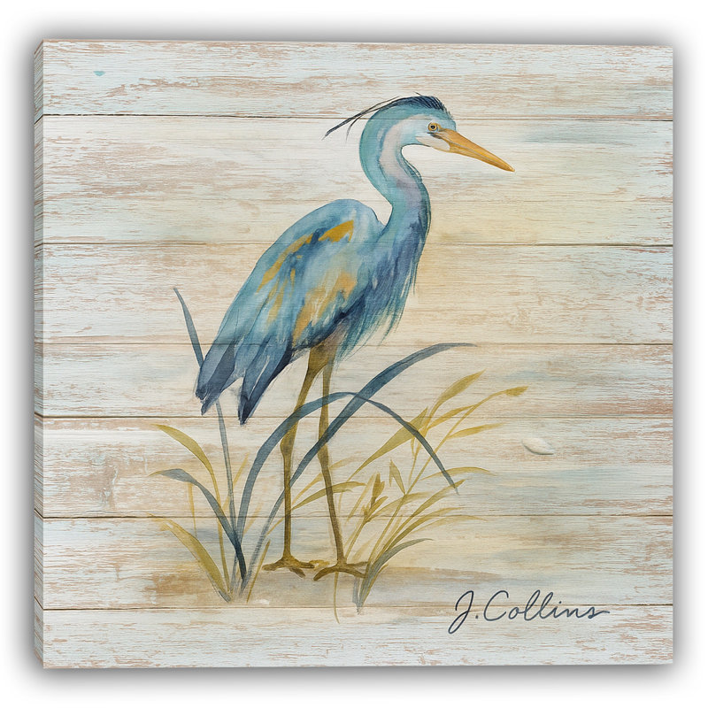 «Rustic Blue Heron» sur toile, bois vieilli, H 20 po x l 20 po
