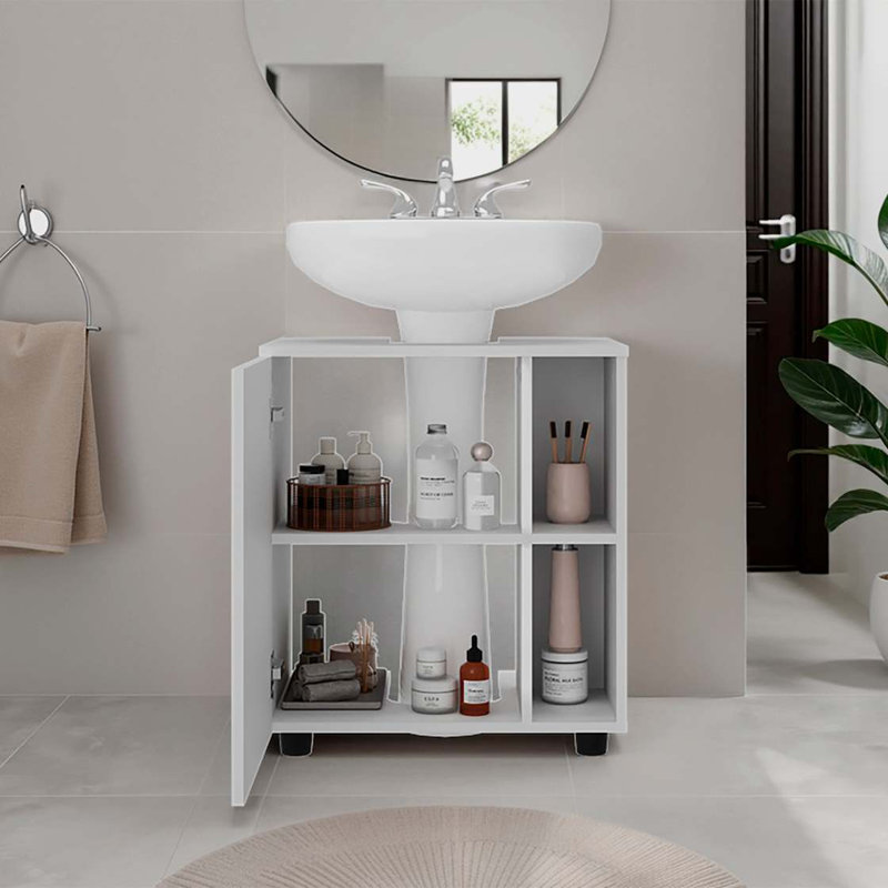 Armoire lavabo sur pied blanche à 1 porte avec 5 compartiments ouverts, Blanc