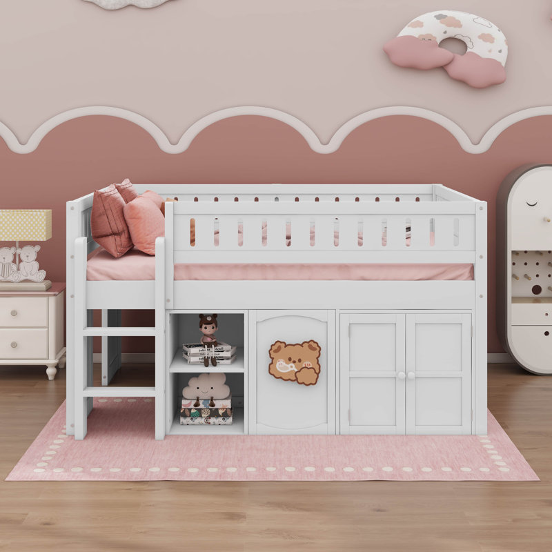 Lit mezzanine double avec armoire de rangement, Blanc