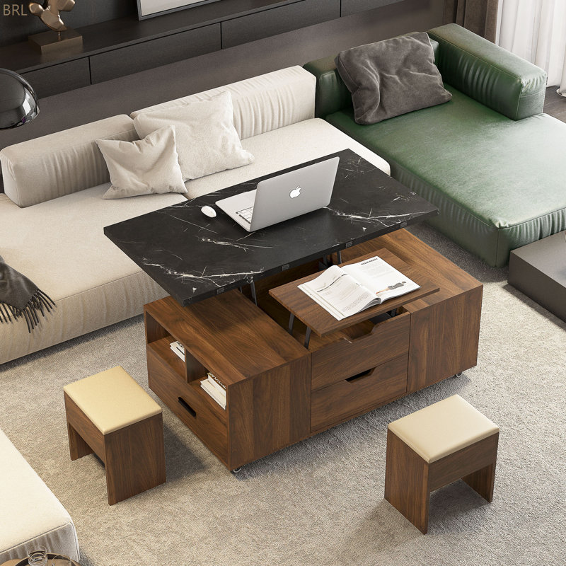 Table basse relevable moderne avec 2 tabourets pour le salon, rangement dissimulé et tiroirs, table de salle à manger pliante et peu encombrante