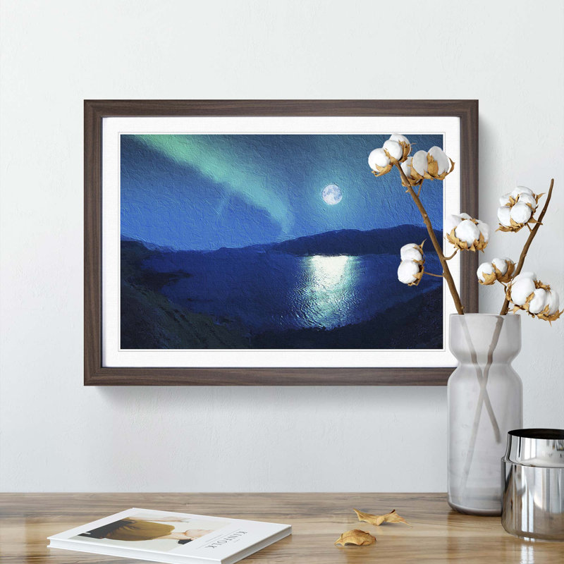 Full Moon During the Northern Lights - Framed Print, 27cm H x 36cm W x 2cm D, Walnut Framed